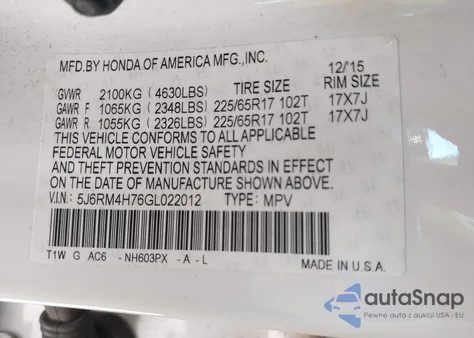 2016 Honda Cr-V Ex-L из США, поврежденный, VIN 5J6RM4H76GL022012